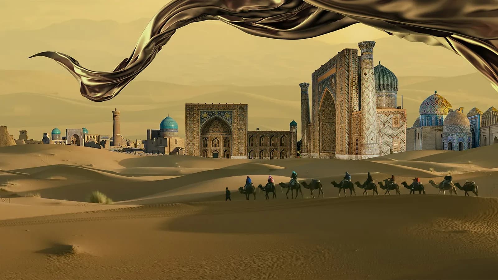 Silk Road collage: camels and blue domes in the desert