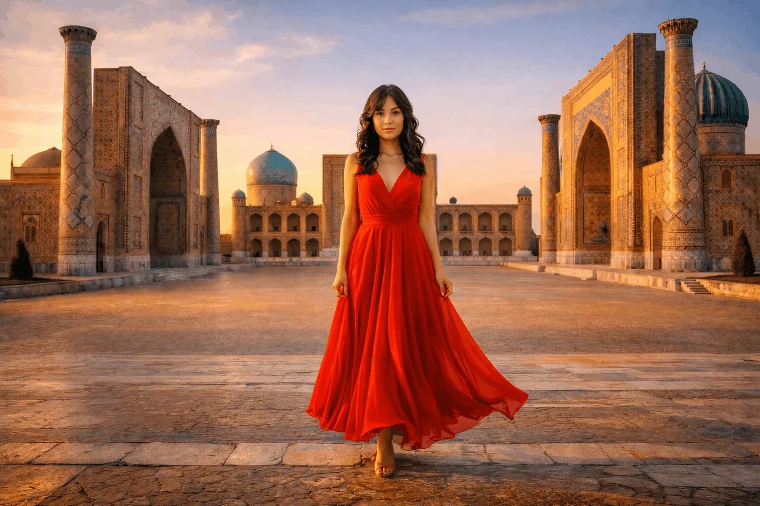 Traveller at Registan Square at sunset