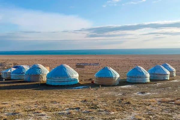 Yurt camp at Ayazkul lake, Kyzylkum desert
