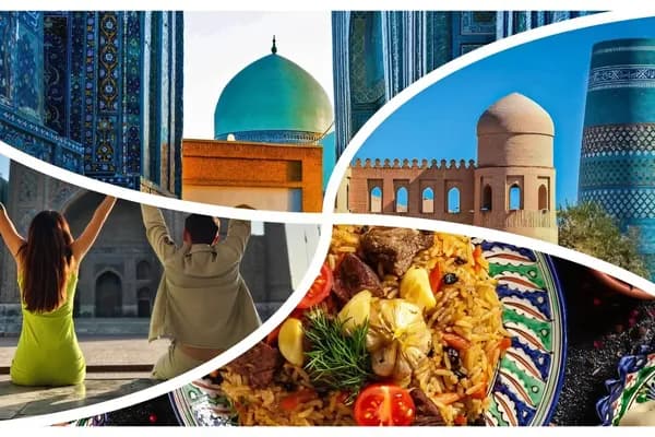 Collage: Registan, Khiva and Uzbek plov